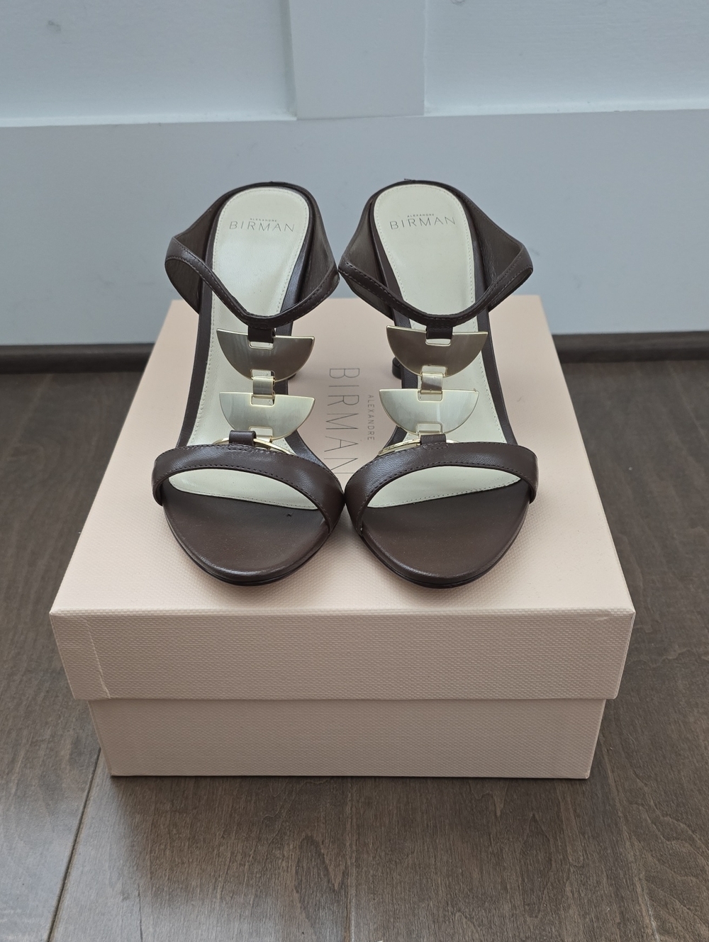 Alexandre Birman Chocolate Brown Leather Heeled Sandals with Gold Accents